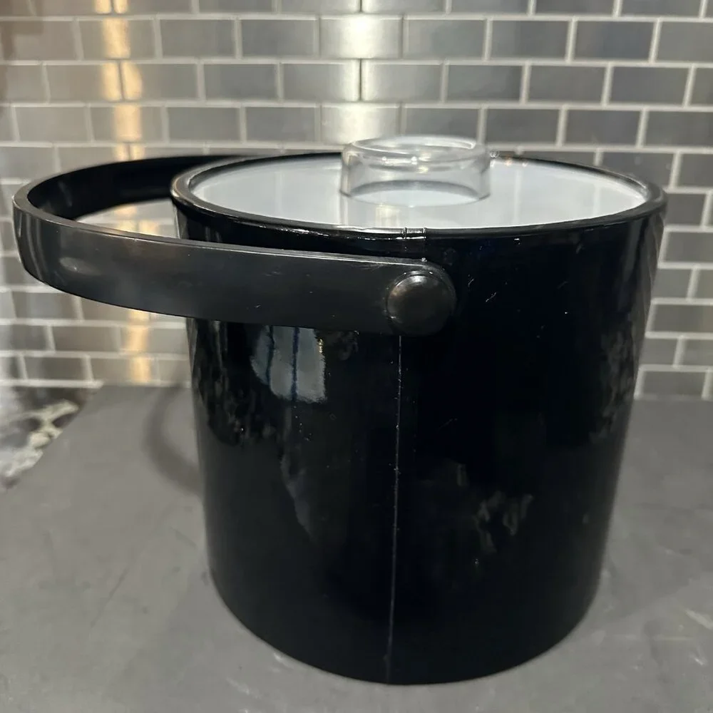 Vtg Mid Century MCM Ice Bucket Black Vinyl Clear Lucite Lid Barware Shelton Ware